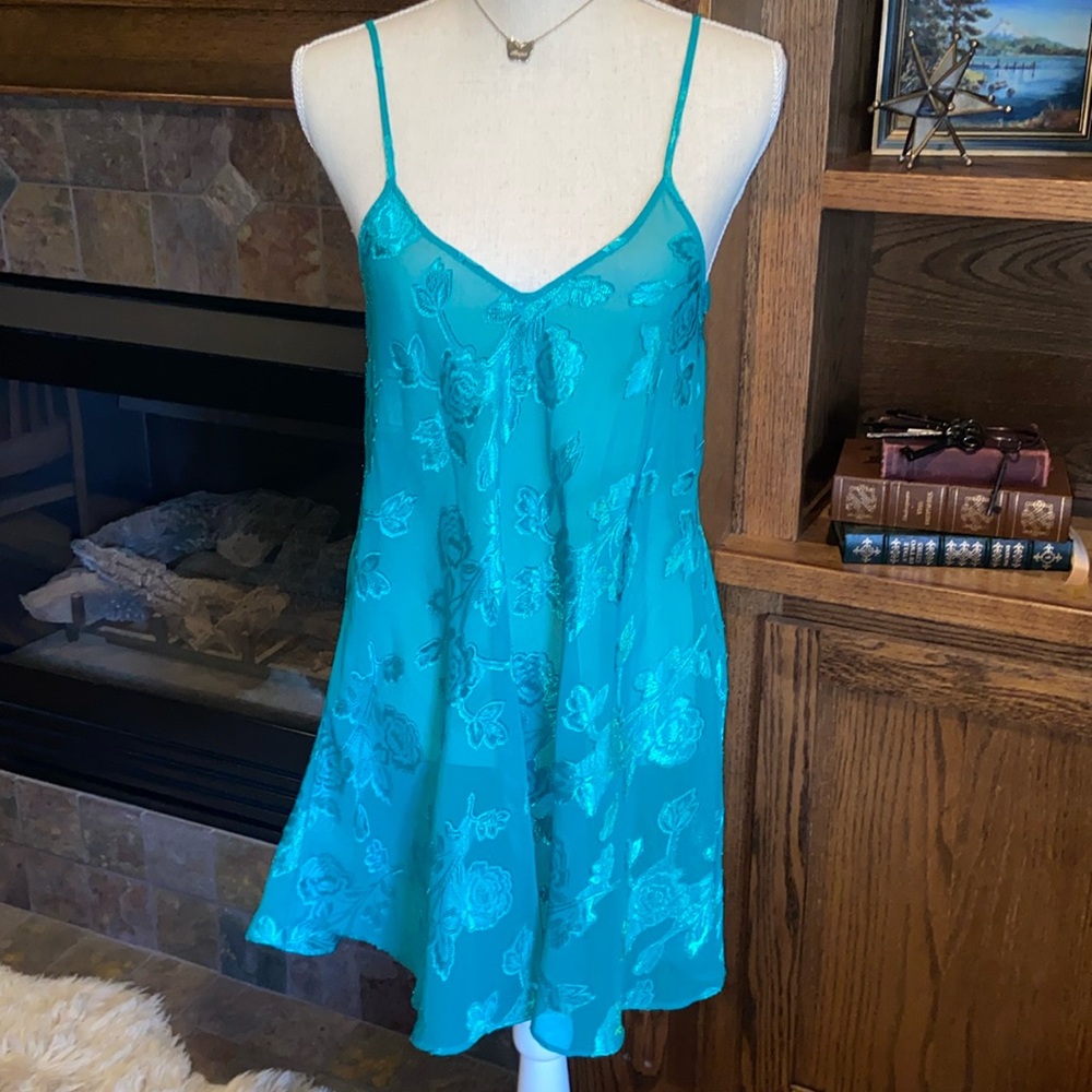 Vintage Y2K Lingerie Negligee Nightie Nightgown Sheer Floral Slip Dress Emerald